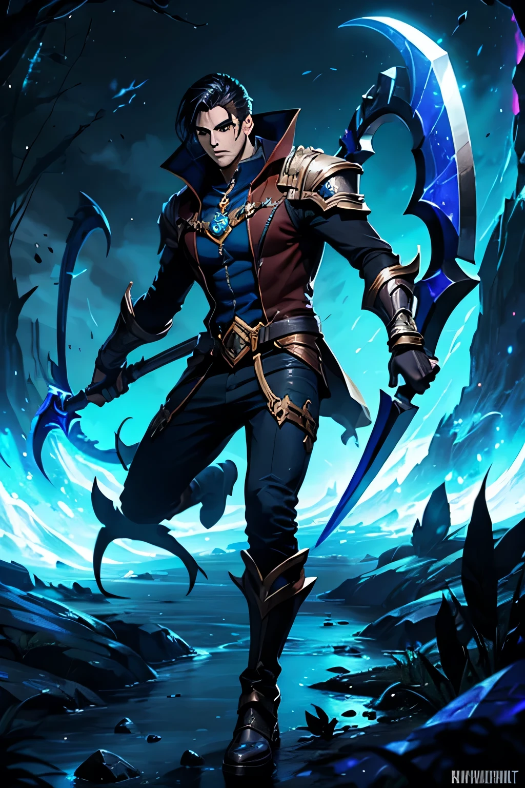 homen, answer estilo (league of legends ),with powers of the earth, holding a scythe