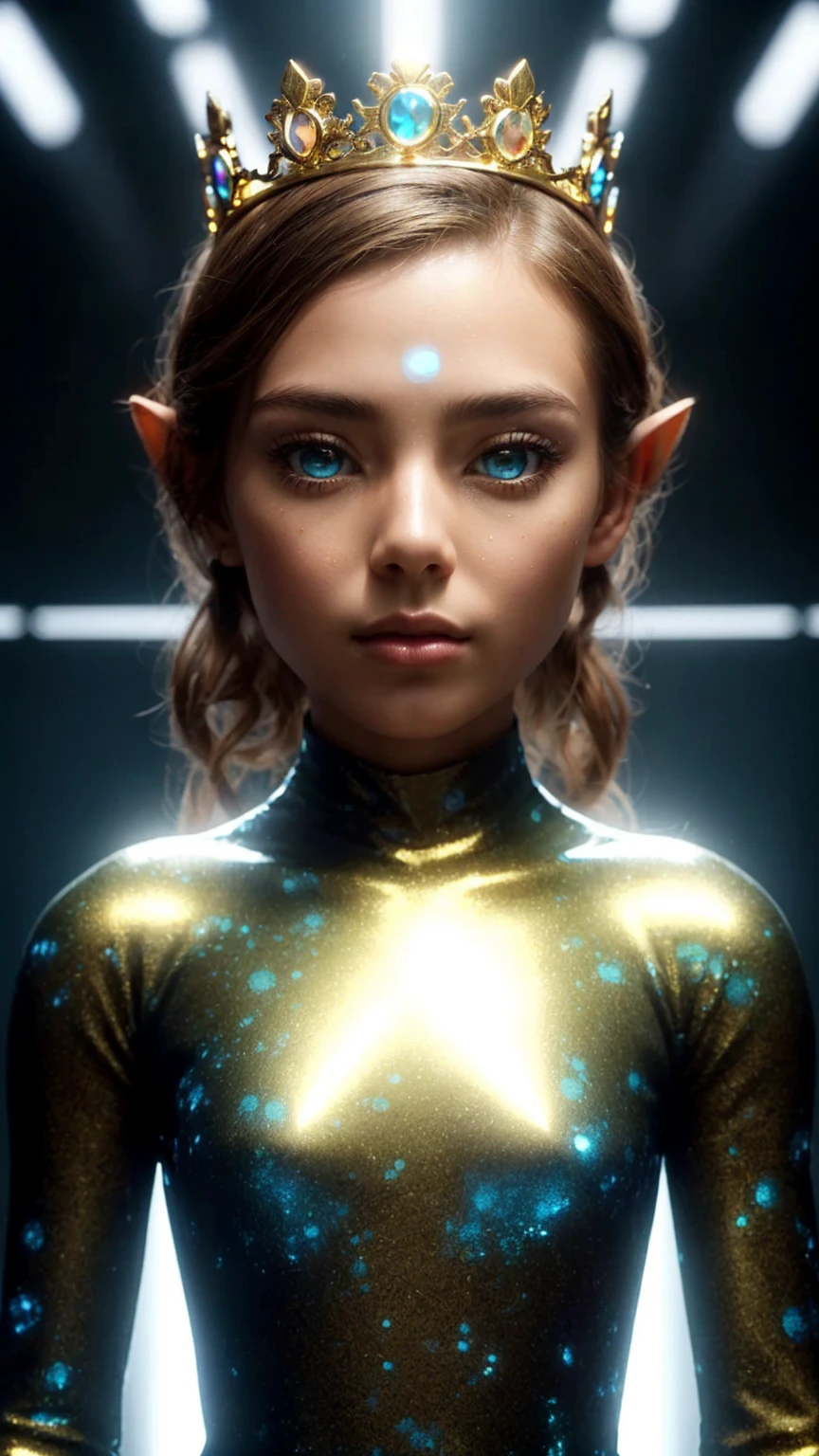 Full image in the distance. Beings of light, omoids, with human-like faces, very small round slanted eyes and pointed ears, with brown hair, they wear tight olive green outfits with blue glitter spot prints, they wear a golden crown, there is a seal that shines on their outfit. They are standing on a shiny black floor in a luxurious space. Photorealism, full view, very detailed image, very realistic, hyperrealism, cinematography, Ultra HD, 8k, Unreal Engine 5, sharp focus, intricate and mysterious masterpiece. (Long exposure photography Artistic illustration close-up portrait very detailed: final quality, medium shot, backlight, Rich and striking. Enigmatic and mysterious manipulations (composition of the rule of thirds), ((detailed environment with strong lines) The best quality, in camera, white light, warm and clean aesthetics, dazzling screen composed of millions of brilliant ultraviolet rays, HDR.