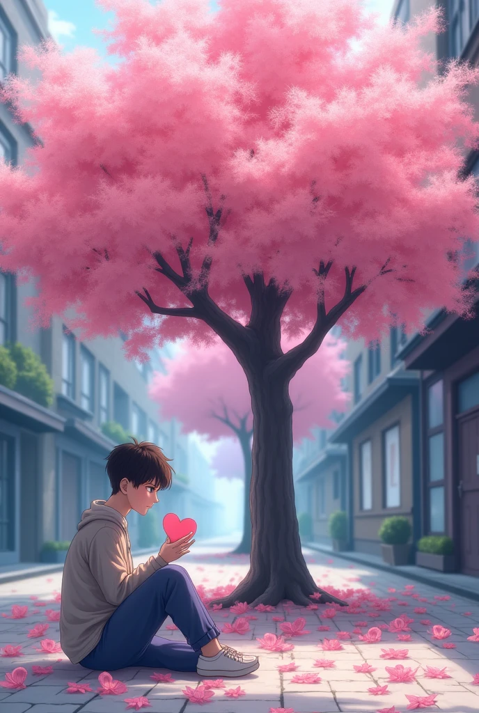 An image in which there is a pink tree and a person sitting and it is on a street and the person has a paper heart in his hand