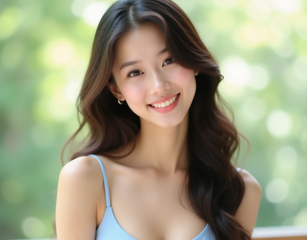 Bustier(Light blue)、smile、18age、Upper body photo、With long wavy hair、natural、Japanese、female、Natural light、Highest quality、Realistic skin texture、