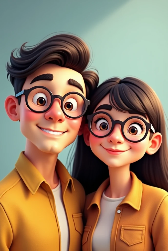 I want a couple of a man with thick eyebrows and full mouth with round glasses and a cute girl with bangs and round glasses too,ALL looking forward and smiling
