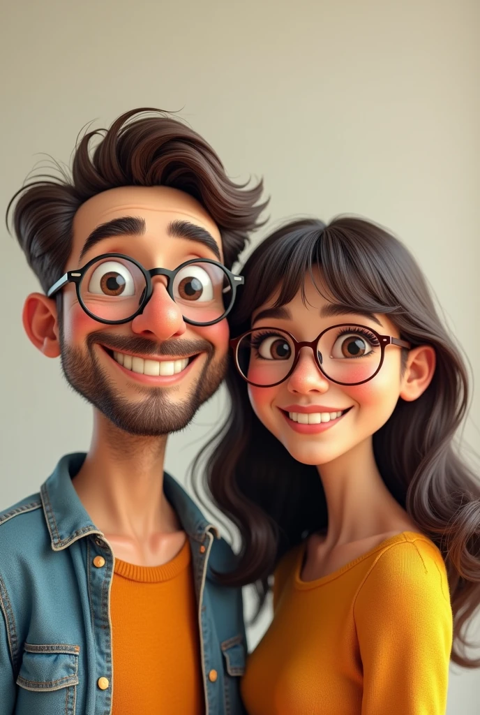 I want a couple of a man with thick eyebrows and full mouth with round glasses and a cute girl with bangs and round glasses too,ALL looking forward and smiling