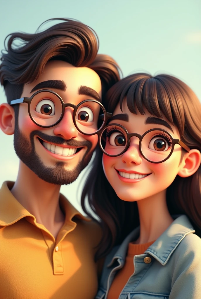 I want a couple of a man with thick eyebrows and full mouth with round glasses and a cute girl with bangs and round glasses too,ALL looking forward and smiling