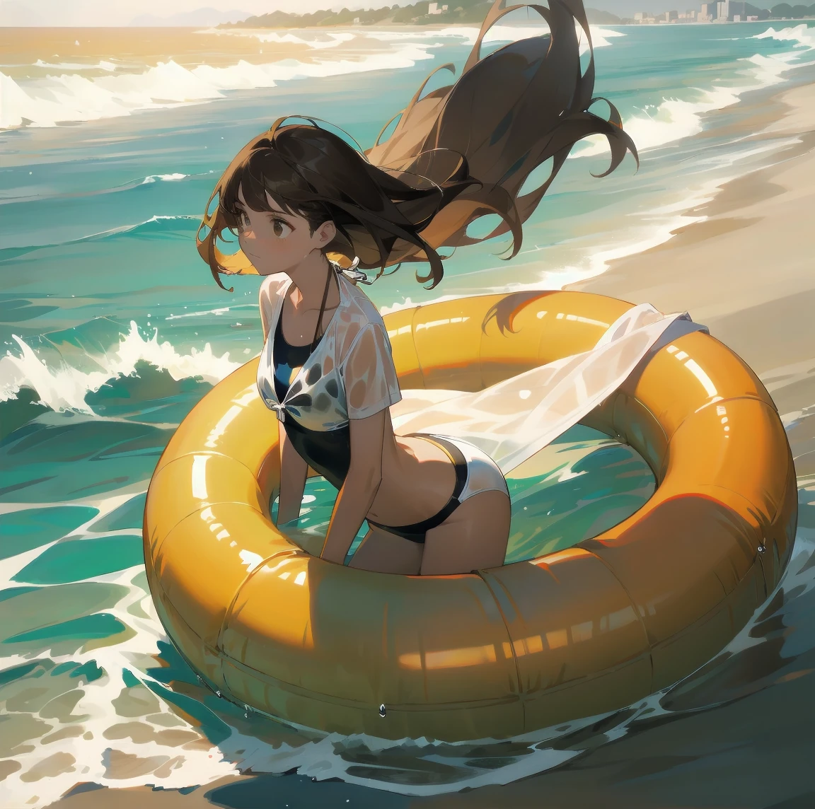 [(White Background:1.15), ::2]Lonely, Medium Shot, whole body，High saturation，Brown Hair， Orange themed swimsuit，bikini，sunlight，beach，Ocean，Very luxurious，Wet，（A loose white shirt with an open front），（（Brown Hair））