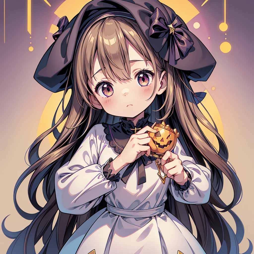 1girl,(((Perfect Anatomy、Perfect human body、Highest quality、Masterpiece、Super detailed、X Composition、S composition、Square Composition、Triangular composition、Award-winning works)))、cute、Purple and orange color palette、Trick or Treat、Pumpkin carriage、Big Wizard Hat、Black Cape、Black dress、Absurd、The fantastic world of Halloween、neon lines、Background is gold accessories、Charm、白いcuteおばけ、