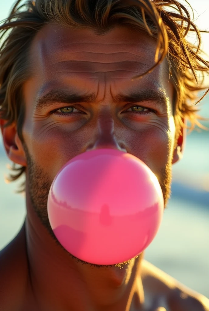 a close-up of a handsome surfer&#39;s face blowing pink bubble gum and crying golden tears on a beach on a sunny day