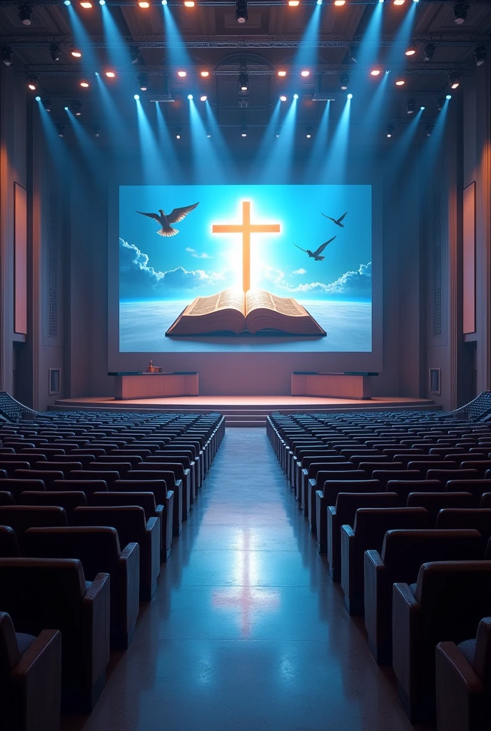 A very huge and wide rectangualar meeting hall, with many rows and Columns of chairs devided with 3 walk ways,blue and white light in the building,ceiling with many spot lights, A wide Huge stage at a far end, background of the stage "a full screen shoing A light shining out from a bible cross on the top of the bible and a dove on the top of the cross"