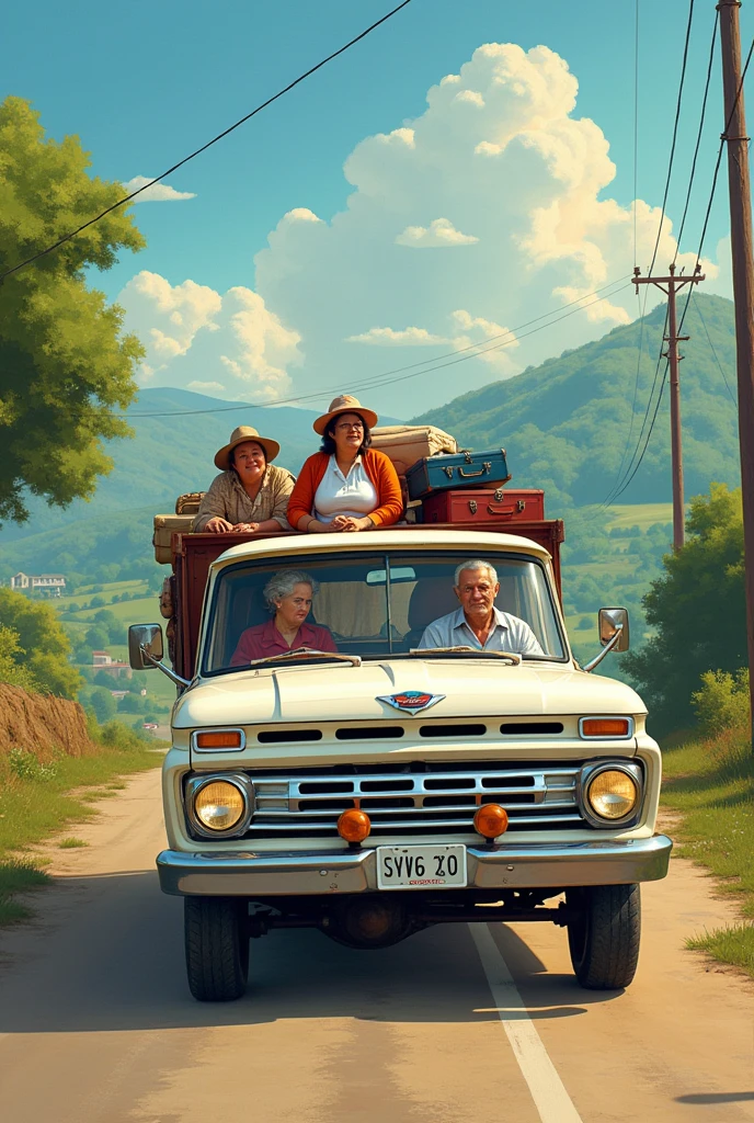 Uma pick-up branca, with a man driving, an old lady in the passenger seat, two fat women behind and loaded with suitcases in the back