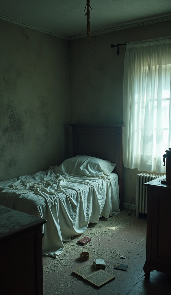 [Bedroom interior with furniture covered in sheets, old objects and dust, with dramatic lighting]