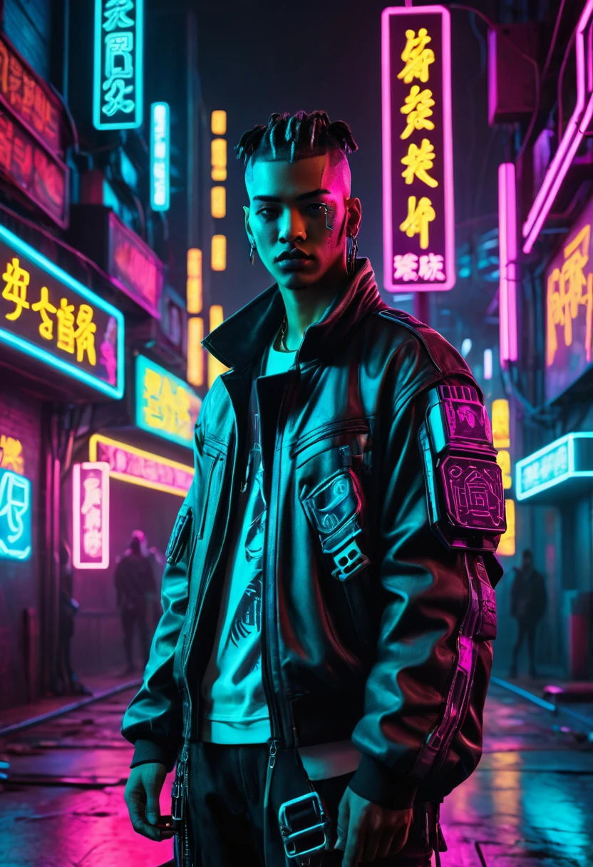 gang member in cyberpunk environment, dystopian world, neon details