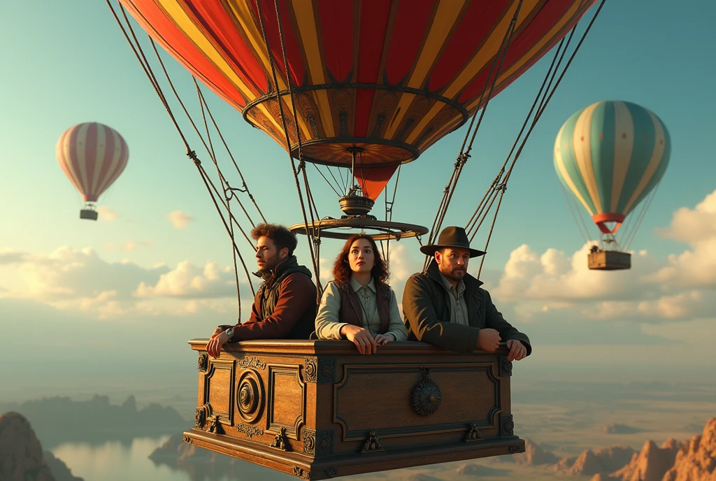 a group of 3 people in an old fashioned hot air balloon, antique book cover, intricate mechanical details, steampunk style, realistic, cinematic lighting, dramatic composition, rich color palette, highly detailed, masterpiece