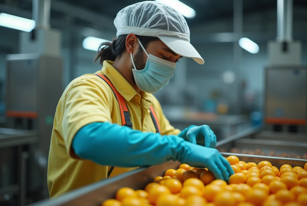 create a collaborator image(a) brazileiro(a) using gloves, mascaras, cap all hair must be covered as well as the ears, apron, in a fruit processing agroindustry