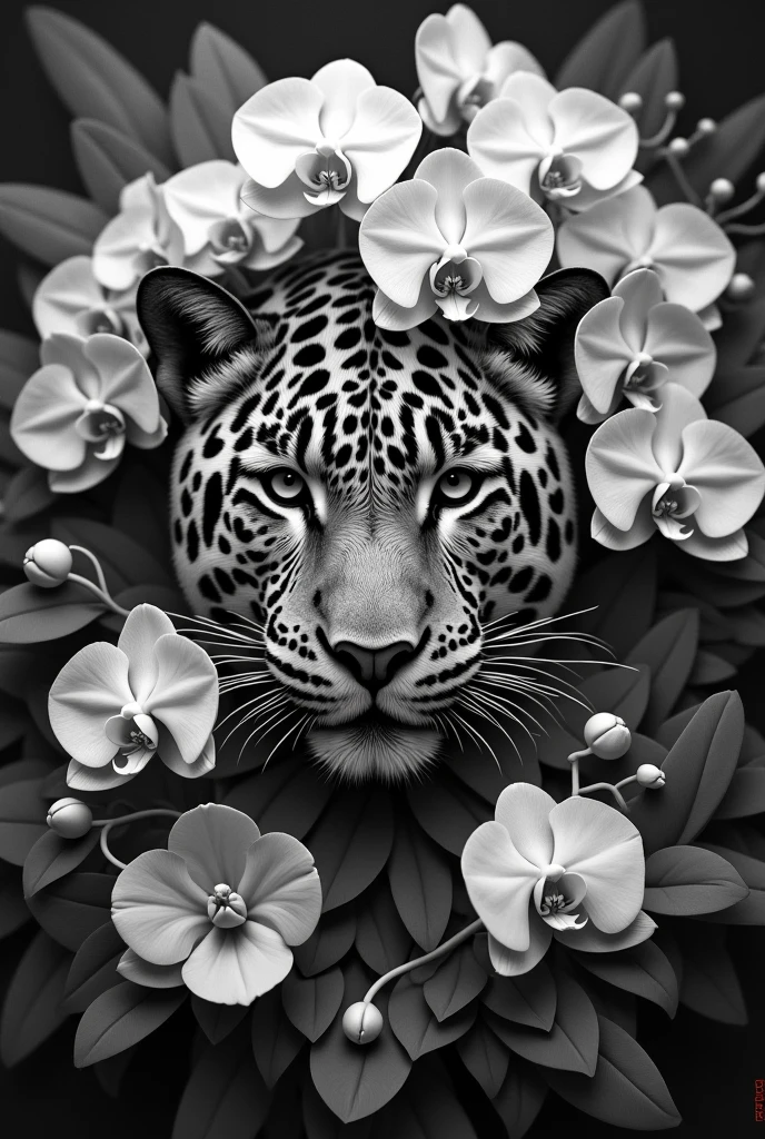 Context: Medellin, colombia- flower fair.
Black and white image of the top of a Jaguar with orchids around it, poncho and paisas bag, and other species of flora representative of the Antioquia region.
IMPORTANT THAT YOU HAVE PONCHO AND ANTIOQUEÑO CARRIEL IN DRAWING FORMAT TO COLOR