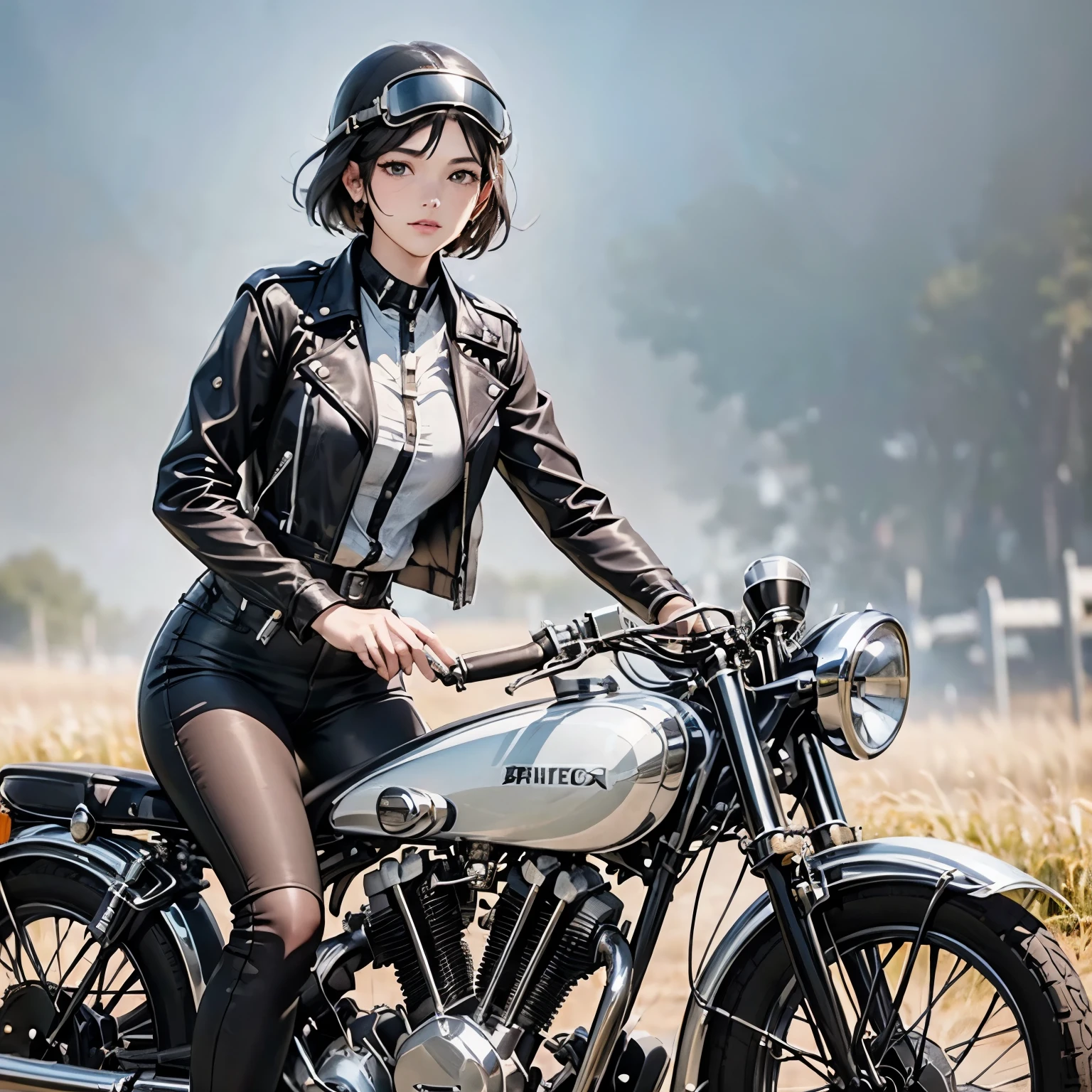 (Riding on motorcycle:1.2)、(Vintage Bikes、Bluff Superior SS100)、 Beautiful young woman、1 person、Beautiful Face, Beautiful and delicate eyes, Black Hair, Short Bob Hair、Classic Leather Jacket、Cromwell helmet with goggles、After the Rain、Isle of Man Races、English countryside、 Detailed Description、(Highest quality, masterpiece, High resolution)、8k、wallpaper