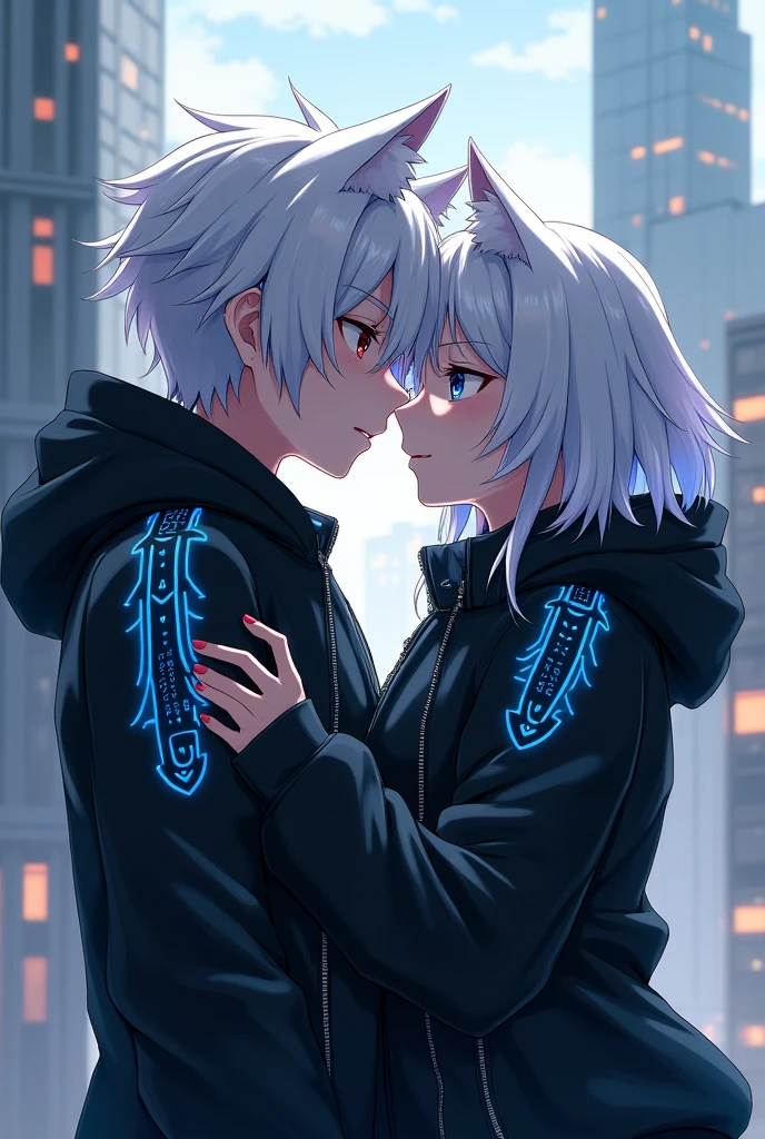 Anime girl and boy hugs each other both are wearing black jacket with some future astic blue pattern on it background city jacket cover with head and zoom more and background little bit of dark jacket has hat and they are wearing it anime boy and girl both have white hair and make their look little bit of wolf style 
