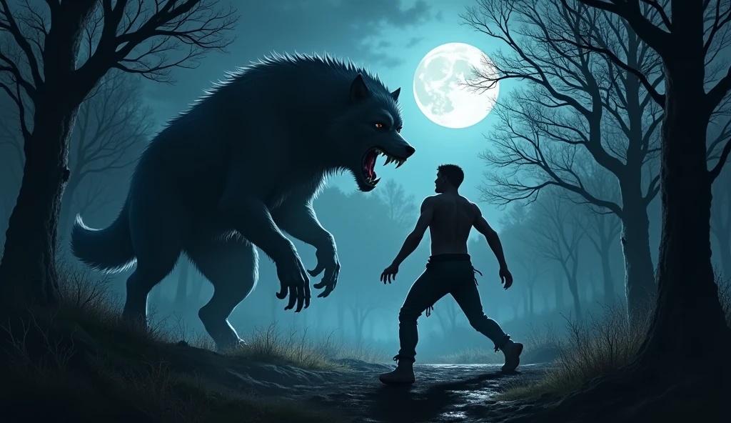 (a werewolf attacking a man in the forest),illustration,apavorante,black forest,moonlights,terrifying atmosphere,bloody howls,(best qualityer,4K,8k,high resolution,work of art:1.2),ultra detali,realisitic:1.37, intense fighting scene, man desperate to escape, torn garments, threatening werewolf, fear in the man&#39;s eyes, shadows that cause fear, trees swaying in the wind, eerie silence, fear of the unknown, intense emotions, horror movie scene, thrilling, adrenaline rush, clareira ao moonlights, rustling leaves, wild and untamed, Terrifying transformation, primitive instincts, panic expression, creepy encounter