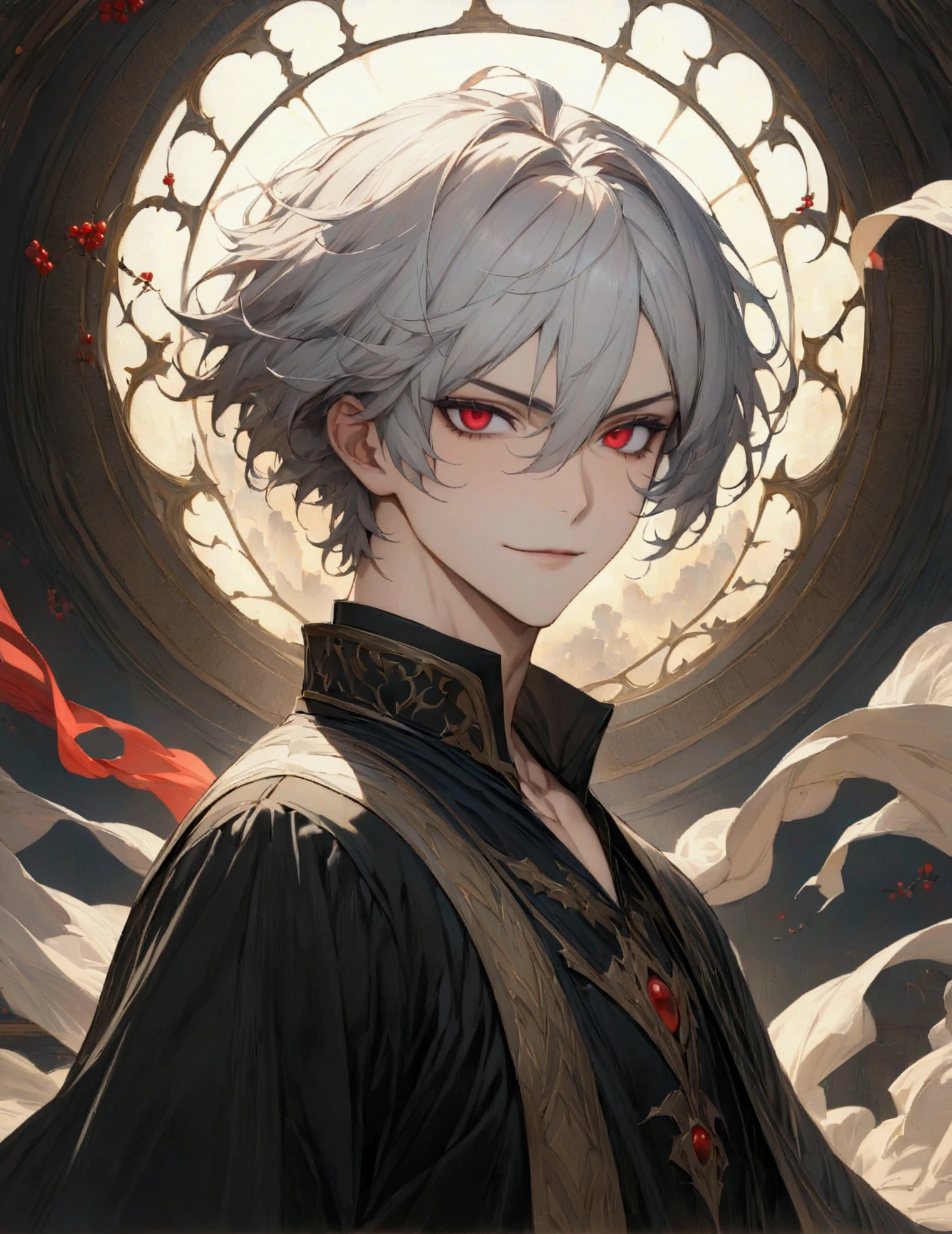 (masterpiece:1.3),(最high quality:1.4),(Very detailedな:1.5),High resolution,Very detailed,8k,artwork,High level of detail,rendering,high quality,Wide range of colors,wallpaper,(Dark fantasy).((One anime young man))Silver Hair,Berry Berry Shorthair,Just short hair,Red eyes,Dark circles around the eyes,Handsome,His face is a fearless smile,An evil look,(服装はギリシャ神話Windのファッション)Fashion of the Grim Reaper like in Greek mythology、The background has an aura,Wind,Dynamic pose。