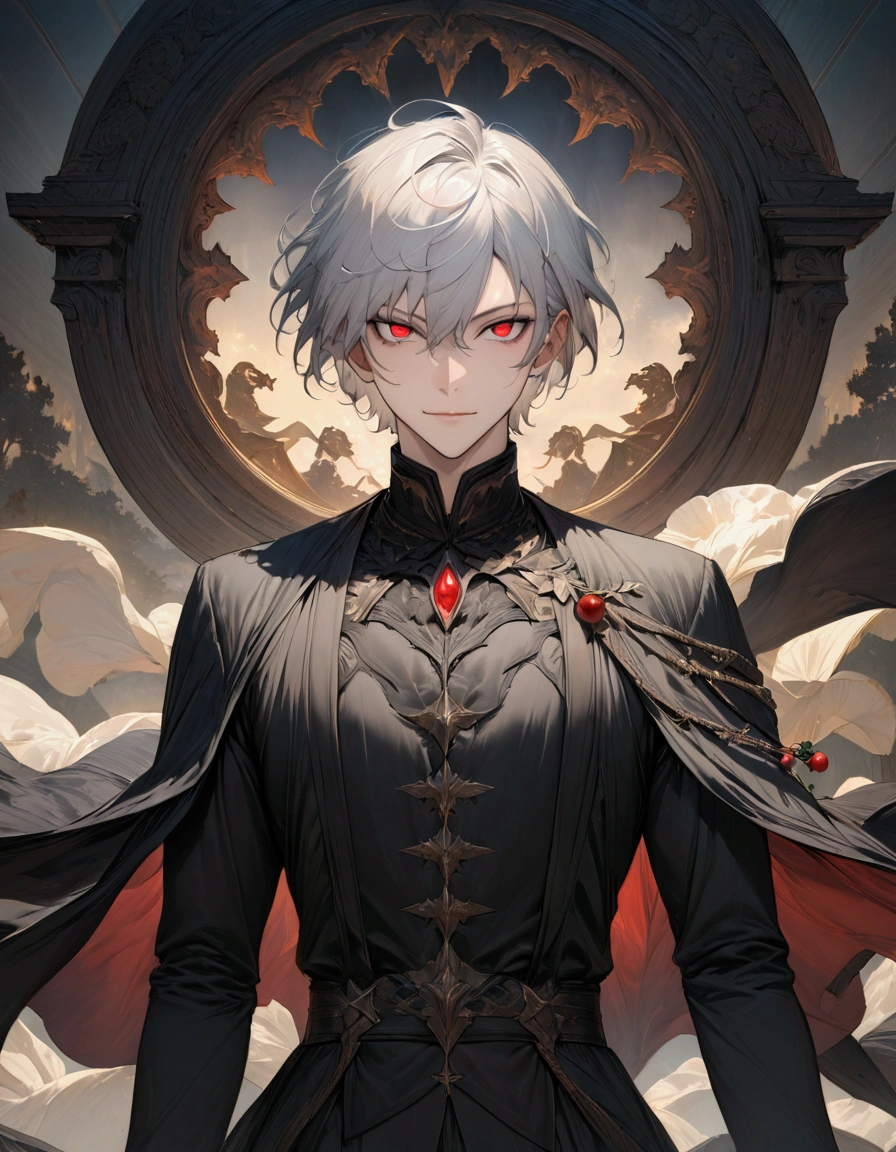 (masterpiece:1.3),(最high quality:1.4),(Very detailedな:1.5),High resolution,Very detailed,8k,artwork,High level of detail,rendering,high quality,Wide range of colors,wallpaper,(Dark fantasy).((One anime young man))Silver Hair,Berry Berry Shorthair,Just short hair,Red eyes,Dark circles around the eyes,Handsome,His face is a fearless smile,An evil look,(服装はギリシャ神話Windのファッション)Fashion of the Grim Reaper like in Greek mythology、The background has an aura,Wind,Dynamic pose。