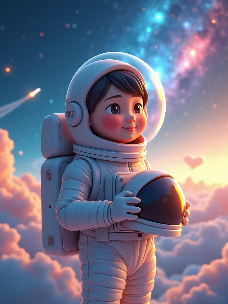 ethereal fantasy concept art Midjourney, MJ, Midjourney style, realism, cinematic quality, macro. Beautiful astronaut who smiles pleasantly, wearing a spacesuit, spacesuit helmet he holds in his hands on the background of deep space with nebula, rocket taking off in the distance, inspiring atmosphere, feeling of pride, blue-golden shades, warm light from stars, illustrative style, 3D art, smooth and shiny texture, pastel colors, soft diffused lighting, high detail, cartoon style