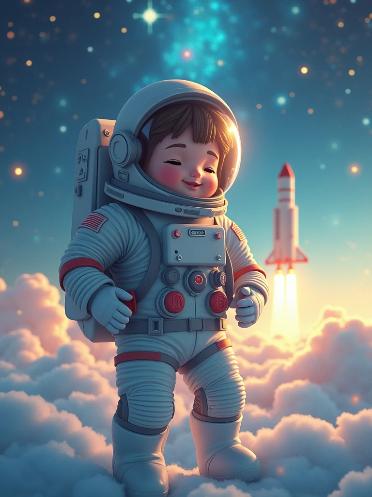 ethereal fantasy concept art Midjourney, MJ, Midjourney style, realism, cinematic quality, macro. Beautiful astronaut who smiles pleasantly, wearing a spacesuit, spacesuit helmet he holds in his hands on the background of deep space with nebula, rocket taking off in the distance, inspiring atmosphere, feeling of pride, blue-golden shades, warm light from stars, illustrative style, 3D art, smooth and shiny texture, pastel colors, soft diffused lighting, high detail, cartoon style