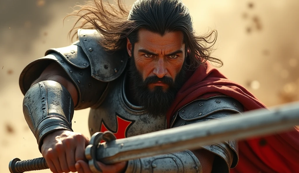 "(masterpiece, best quality:1.5), (dramatic lighting:1.4), ((close-up focus on protagonist)), (highly detailed:1.3), (epic action scene:1.4), protagonist with rugged, weathered face, long flowing dark hair, and a well-groomed beard, intense and determined expression, (deep-set eyes full of resolve), wearing a steel armor with intricate engravings, the red cross emblem prominently displayed on his chest, (armor glinting in the sunlight:1.2), holding a sword with both hands, poised to swing it down with immense force, muscles visibly tensed, (dynamic and powerful stance:1.3), wind catching his hair and the edges of his tattered cape, (dust and debris swirling around), ((hyper-realistic skin textures and detailed facial features)), (8k resolution), Unreal Engine, (cinematic lighting with strong shadows), (epic scale:1.5)"