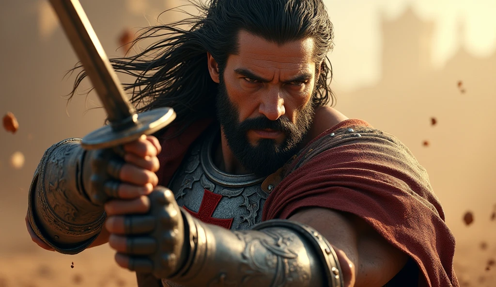 "(masterpiece, best quality:1.5), (dramatic lighting:1.4), ((close-up focus on protagonist)), (highly detailed:1.3), (epic action scene:1.4), protagonist with rugged, weathered face, long flowing dark hair, and a well-groomed beard, intense and determined expression, (deep-set eyes full of resolve), wearing a steel armor with intricate engravings, the red cross emblem prominently displayed on his chest, (armor glinting in the sunlight:1.2), holding a sword with both hands, poised to swing it down with immense force, muscles visibly tensed, (dynamic and powerful stance:1.3), wind catching his hair and the edges of his tattered cape, (dust and debris swirling around), ((hyper-realistic skin textures and detailed facial features)), (8k resolution), Unreal Engine, (cinematic lighting with strong shadows), (epic scale:1.5)"