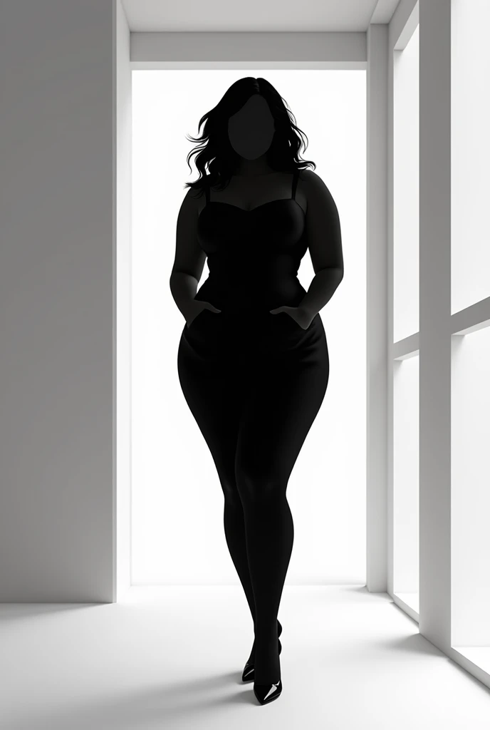 A silhouette of a plus size woman with shoulder length hair, stilettos