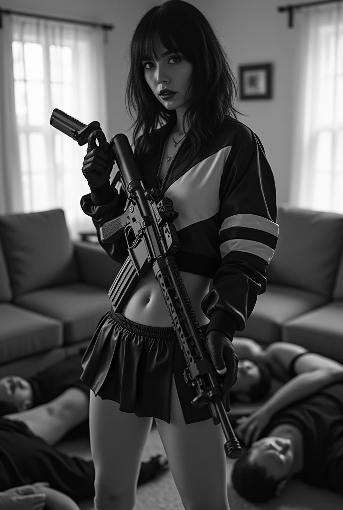 wide depth of field, wide depth of focus, f/11 lens setting, all objects in focus, full color image, woman with ar15, holding at15 rifle, living room background, full body image, (black and white short cropped soft shiny satin bomber jacket), zipped up jacket, pleated shiny satin mini skirt, woman posing with am ar15 rifle,,pistol in one hand, pure form, intricate details, 8K post-production, high resolution, super detailed, Popular topics on Artstation,, Studio photos, intricate details, Very detailed, many defeated men lay on unconscious with closed eyes on the floor in the background