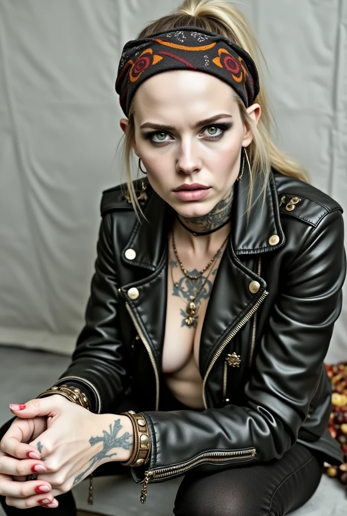 Anglosaxon old woman, , blonde platinum hair (ponytail, colourful bandana as headband), with very light green eyes, extremely pale. .Wearing studded cropped black moto jacket (verical zippers on the sides,skull badges on sleeves). Black lace push up bra, skinny dark blue jeans with worn and dirty knees.m Silver Chelsea boots with cuban heels. Lots of thick wide studded bracelets, chain collars and big rings. Tacky wide studded leather belt, with big skull and bones round buckle. Long earrings with chains. Squatting on a large torm, dirty usa flag, looking at the photographer. Craving heavily. Hands on knees. Waste and trash all over the floor. Her studded leather bag, thron away. Looking at the camera, chin up. Toned abdominals, thin neck, slim legs and thin arms. Neck, chest, belly, hands and arms completely tattoed. Dirt road of Nairobi after the rain, puddles on the ground, crowded with muscular shirtless men in jeans, street full of puddles, discarded food, fruits and garb Her studded black leather bag is a few metres behind her, her belongings scattere the ground