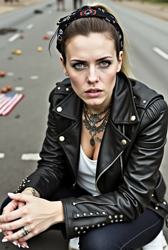Anglosaxon old milf woman, , blonde platinum hair (ponytail, colourful bandana as headband), with very light green eyes, extremely pale. .Wearing studded cropped black moto jacket (verical zippers on the sides,skull badges on sleeves). Black lace push up bra, skinny dark blue jeans with worn and dirty knees.m Silver Chelsea boots with cuban heels. Lots of thick wide studded bracelets, chain collars and big rings. Tacky wide studded leather belt, with big skull and bones round buckle. Long earrings with chains. Squatting on a large torm, dirty usa flag, looking at the photographer. Craving heavily. Hands on knees. Waste and trash all over the floor. Her studded leather bag, thron away. Looking at the camera, chin up. Toned abdominals, thin neck, slim legs and thin arms. Neck, chest, belly, hands and arms completely tattoed. Dirt road of Nairobi after the rain, puddles on the ground, crowded with muscular shirtless men in jeans, street full of puddles, discarded food, fruits and garbage. Her studded black leather bag is a few metres behind her, her belongings scattered on the ground