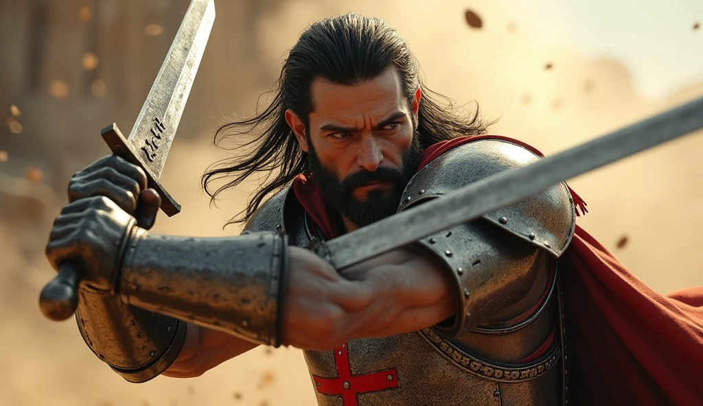 "(masterpiece, best quality:1.5), (dramatic lighting:1.4), ((close-up focus on protagonist)), (highly detailed:1.3), (epic action scene:1.4), protagonist with rugged, weathered face, long flowing dark hair, and a well-groomed beard, intense and determined expression, (deep-set eyes full of resolve), wearing a steel armor with intricate engravings, the red cross emblem prominently displayed on his chest, (armor glinting in the sunlight:1.2), holding a sword with both hands, poised to swing it down with immense force, muscles visibly tensed, (dynamic and powerful stance:1.3), wind catching his hair and the edges of his tattered cape, (dust and debris swirling around), ((hyper-realistic skin textures and detailed facial features)), (8k resolution), Unreal Engine, (cinematic lighting with strong shadows), (epic scale:1.5)"