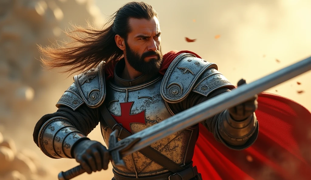 "(masterpiece, best quality:1.5), (dramatic lighting:1.4), ((close-up focus on protagonist)), (highly detailed:1.3), (epic action scene:1.4), protagonist with rugged, weathered face, long flowing dark hair, and a well-groomed beard, intense and determined expression, (deep-set eyes full of resolve), wearing a steel armor with intricate engravings, the red cross emblem prominently displayed on his chest, (armor glinting in the sunlight:1.2), holding a sword with both hands, poised to swing it down with immense force, muscles visibly tensed, (dynamic and powerful stance:1.3), wind catching his hair and the edges of his tattered cape, (dust and debris swirling around), ((hyper-realistic skin textures and detailed facial features)), (8k resolution), Unreal Engine, (cinematic lighting with strong shadows), (epic scale:1.5)"