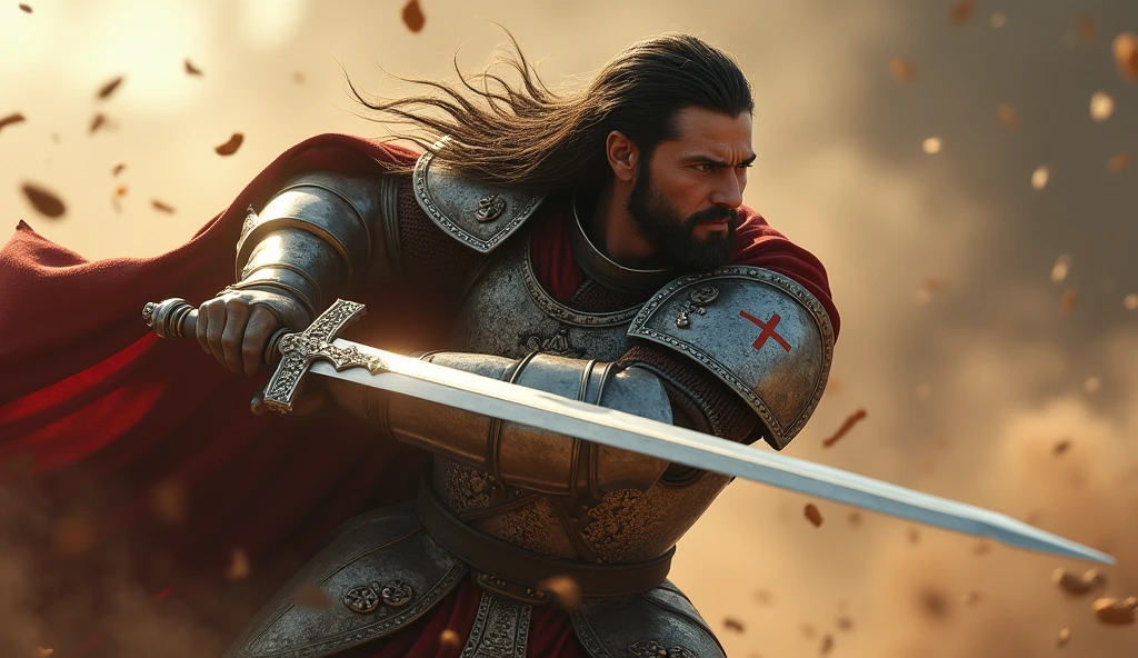"(masterpiece, best quality:1.5), (dramatic lighting:1.4), ((close-up focus on protagonist)), (highly detailed:1.3), (epic action scene:1.4), protagonist with rugged, weathered face, long flowing dark hair, and a well-groomed beard, intense and determined expression, (deep-set eyes full of resolve), wearing a steel armor with intricate engravings, the red cross emblem prominently displayed on his chest, (armor glinting in the sunlight:1.2), holding a sword with both hands, poised to swing it down with immense force, muscles visibly tensed, (dynamic and powerful stance:1.3), wind catching his hair and the edges of his tattered cape, (dust and debris swirling around), ((hyper-realistic skin textures and detailed facial features)), (8k resolution), Unreal Engine, (cinematic lighting with strong shadows), (epic scale:1.5)"