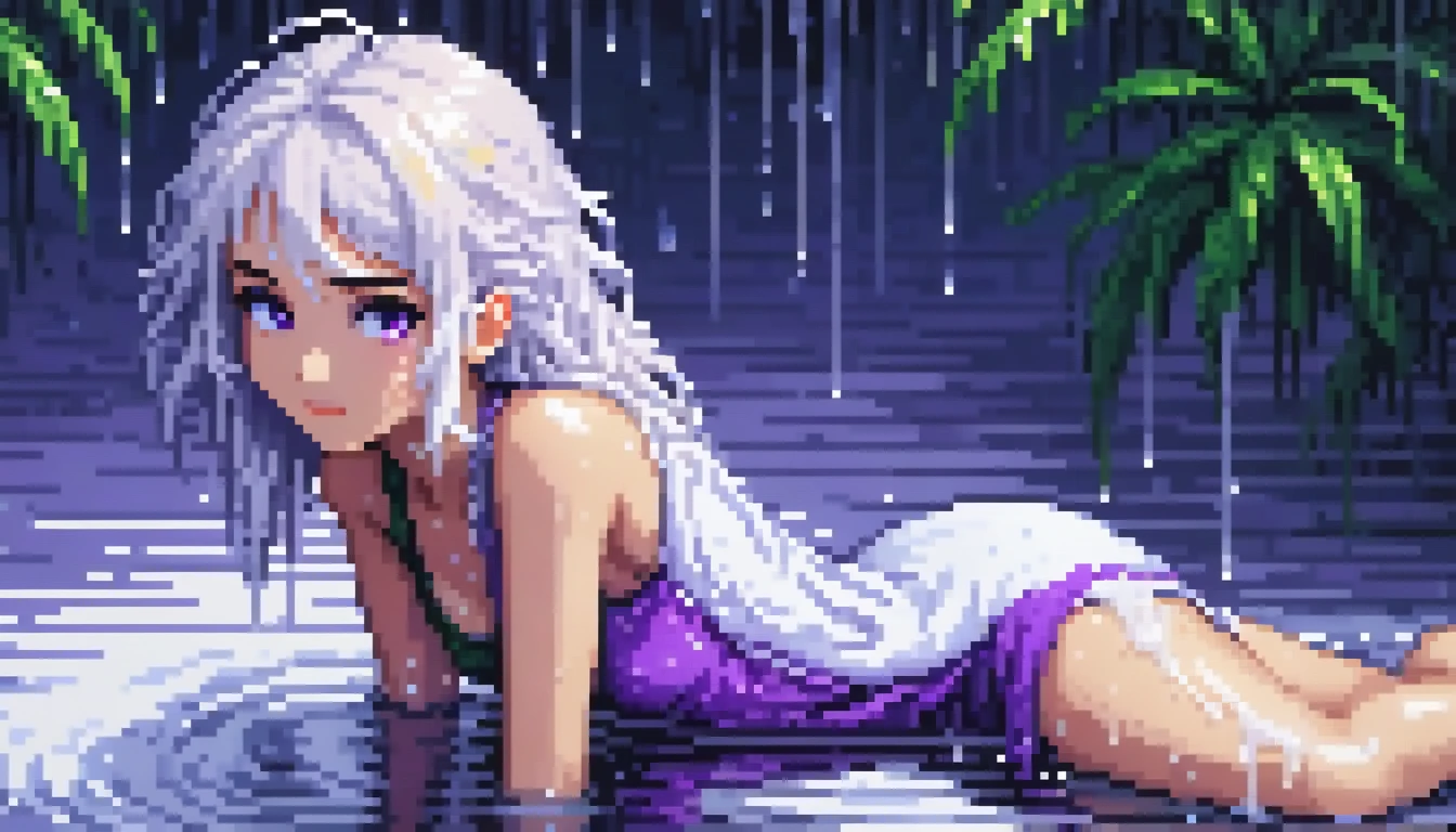 (masterpiece, Highest quality, Highest quality), pixel,pixel art,Girl with wet cloth,Oily skin,Wet Skin,whole body,White Hair,Purple Eyes