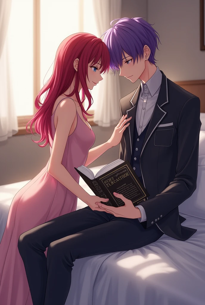 You can create an anime image, where there is a 1 with a size 1.6 man with purple hair and butler clothes reading a book on the edge of a bed in the room accompanied by a 2 woman, crimson red hair with a height of 1.74 while he had a book but with his left hand, passing it through the waist of the boy with violet hair