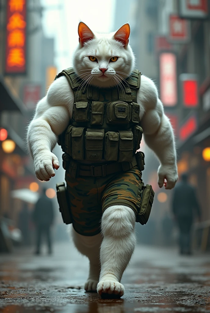 A white cat with abdominal squares With muscles, Walking around the city, as if it were a person, with army uniform, with weapon