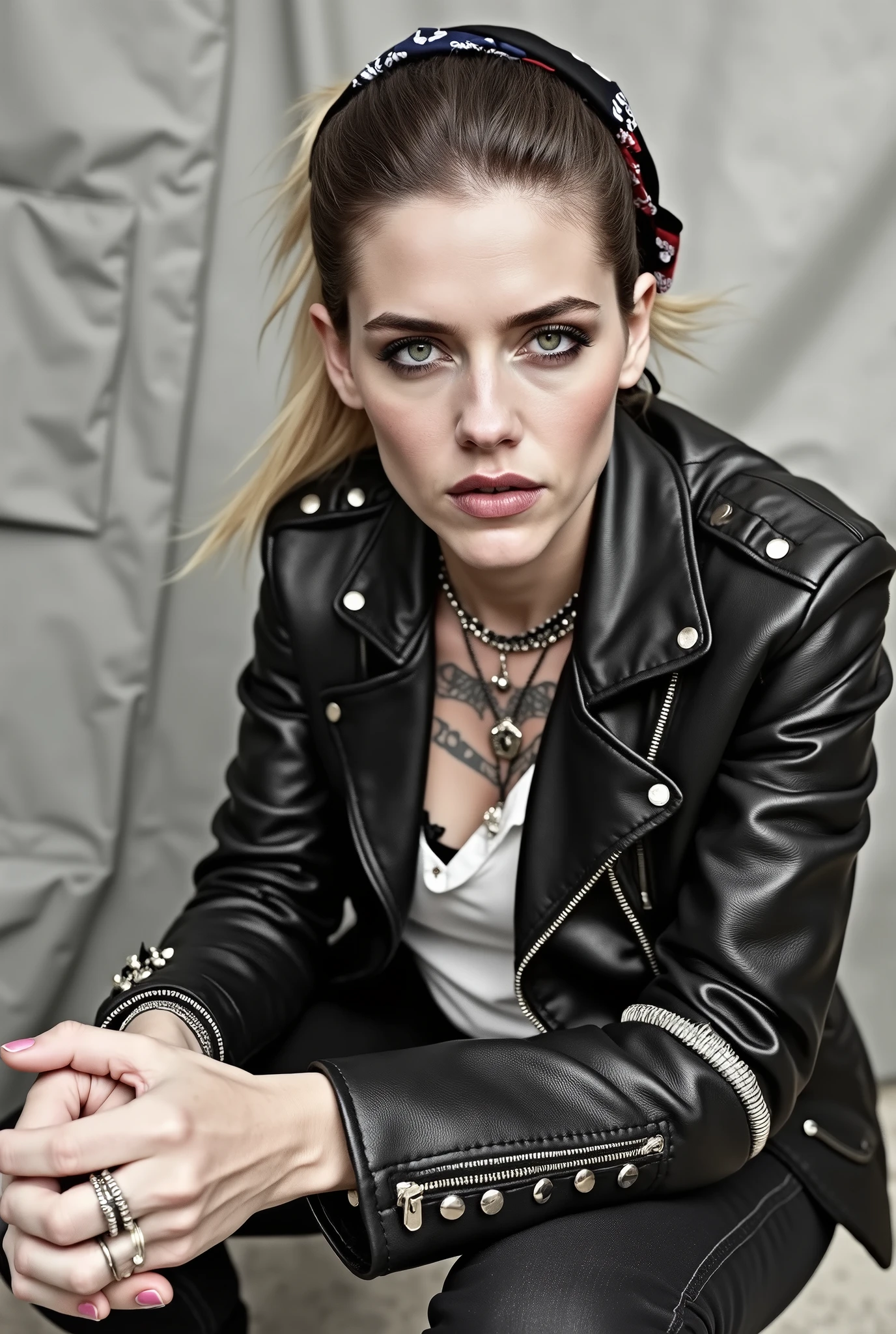Anglosaxon old milf woman, , blonde platinum hair (ponytail, colourful bandana as  headband), with very light green eyes, extremely pale.  .Wearing studded cropped black moto jacket (verical zippers on the sides,skull badges on sleeves). Black lace push up bra, skinny dark blue jeans with worn and dirty knees.m Silver Chelsea boots with cuban heels. Lots of thick wide studded  bracelets, chain collars and big rings. Tacky wide studded leather belt, with big skull and bones round buckle. Long earrings with chains. Squatting on a large torm, dirty  usa flag, looking at the photographer. Craving heavily. Hands on knees. Waste and trash all over the floor. Her studded leather bag, thron away. Looking at the camera, chin up. Toned abdominals, thin neck, slim legs and thin arms. Neck, chest, belly, hands and arms completely tattoed. Dirt road of Nairobi after the rain,  puddles on the ground, crowded with muscular shirtless men in jeans, street full of puddles, discarded food, fruits and garbage. Her studded black leather bag is a few metres behind her, her belongings scattered on the ground 