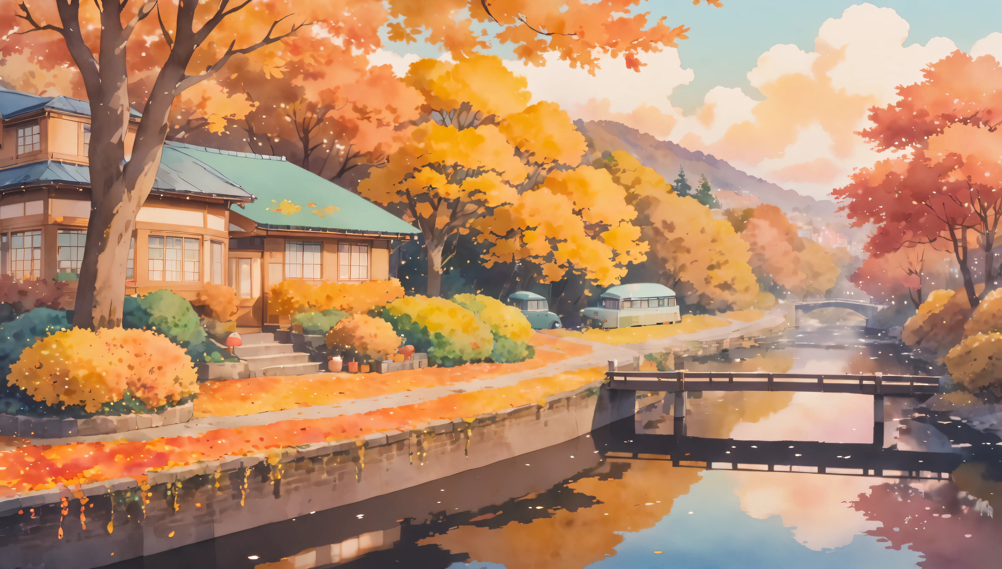 ultrawide Cozy autumn aesthetic fall,Studio ghibli inspired,Watercolor,no people,Lofi,Cute