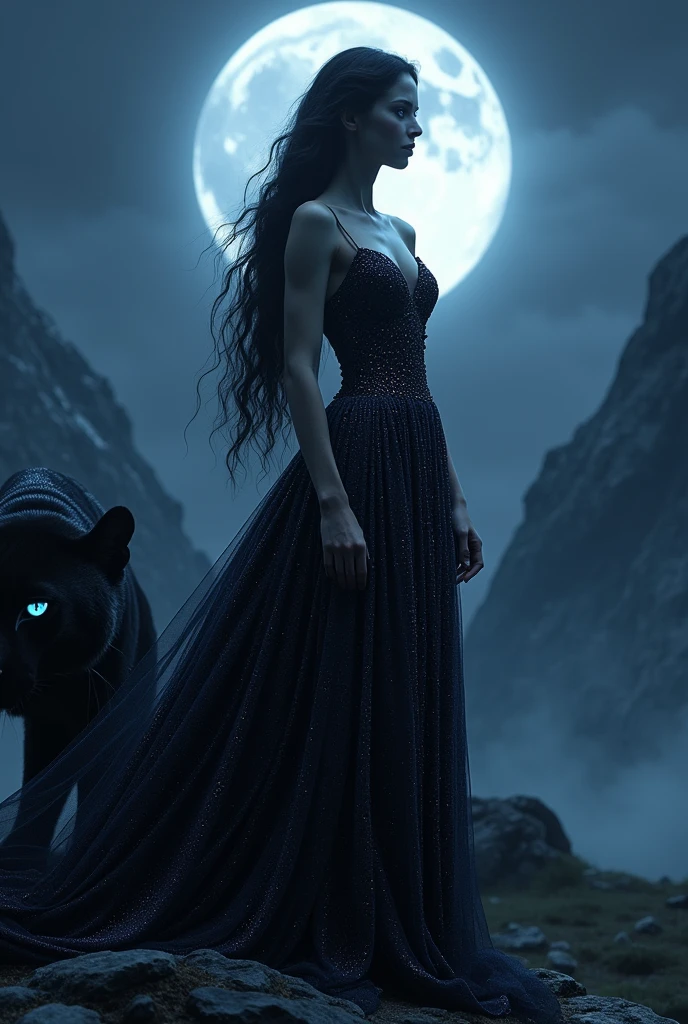 Black royal queen in long dress with shimmering sparkle blue eyes with black panther background with black mountaims with moon 