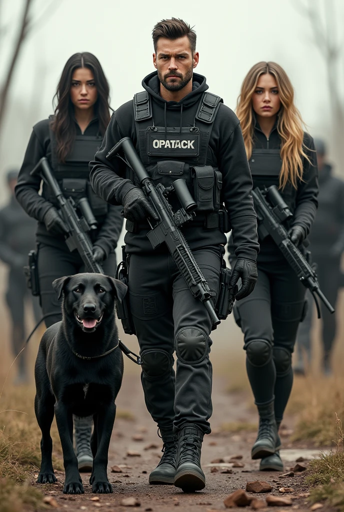 1 Man with short hair and beard and 2 women, one with short black and brunette hair and the other with long blonde hair, All three dressed in black tactical clothing, the man with long guns, guns on their waists on their legs and in their vests and women with handguns and pistols on their waists and a dog with black hair dressed in tactical clothing in a zombie apocalypse 