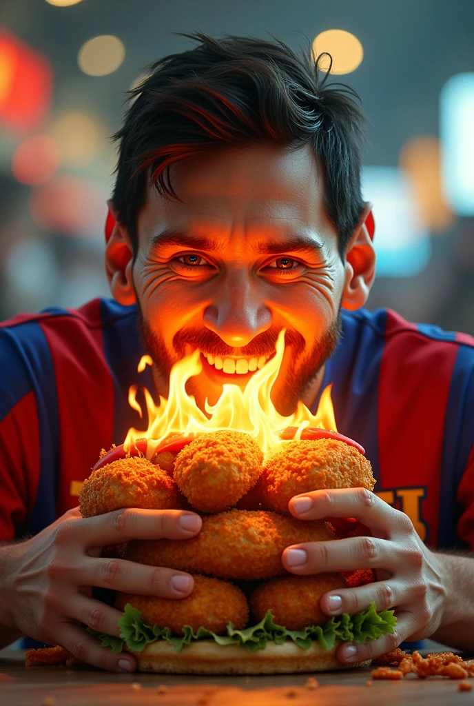 
Messi eating a burger with nuggets that is on fire and he is very happy