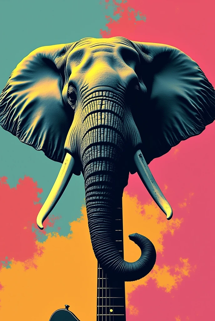 "Only the elephant head facing forward with the trunk down blending into the neck of a Telecaster guitar", Pop art