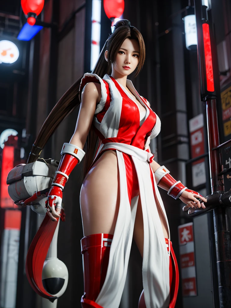 girl 1、highest quality、master piece、超A high resolution、Arad woman in futuristic suit with red mechanical wings and sword, Beautiful woman wearing red mechanical cyber armor, cyberpunk anime girl mecha, Anime robot and organic mixed together, mechanized red valkyrie girl, perfect anime cyborg woman, cute cyborg girl, female mecha, A simple futuristic cyborg, beautiful girl cyborg, beautiful robot character design,((Ultra realistic details)), Realistic character art rendering 8K, anime robot、(red glowing eyes)、have a sword、((Mai Shiranui:1.6))、high ponytail