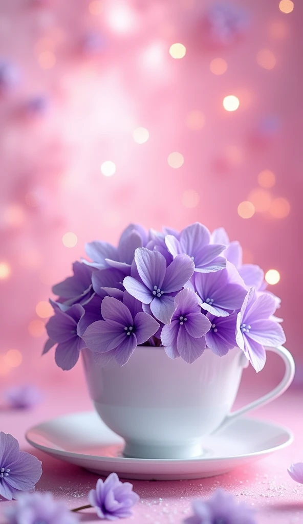 Purple hydrangea flowers in a white teacup on a fantastic sparkling pink background