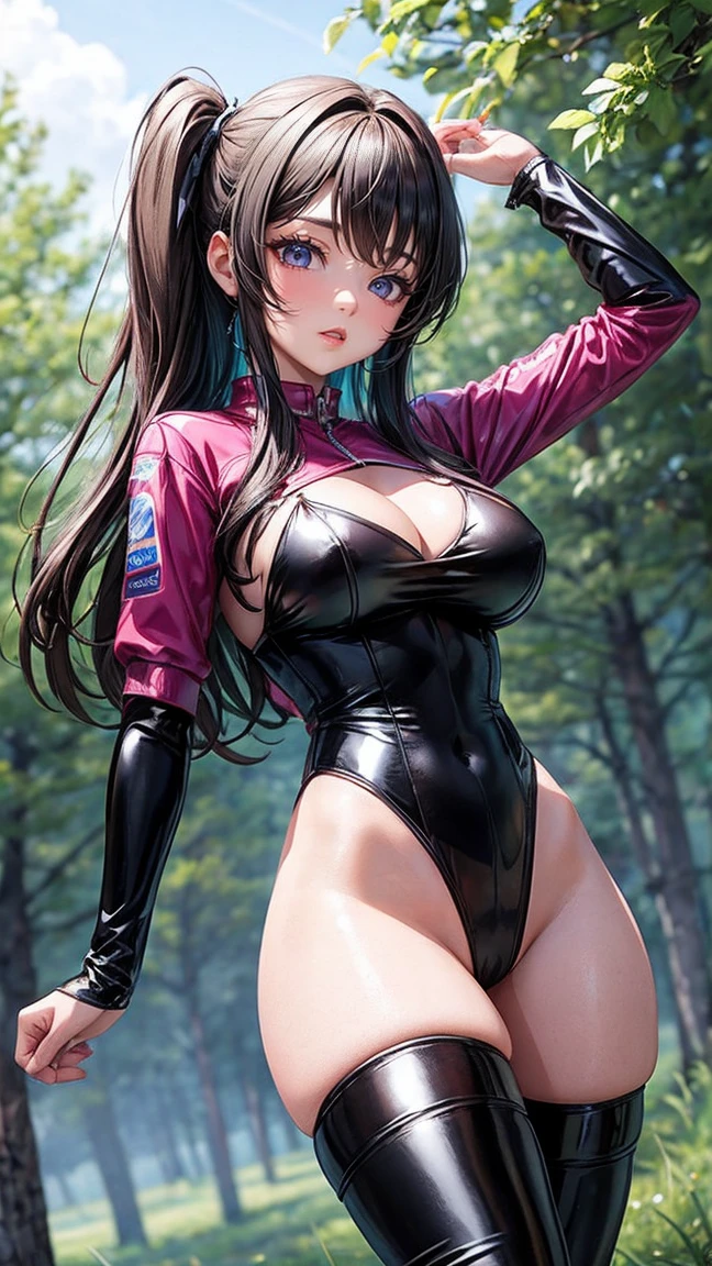 Korean Idol Grid Girls Costumes with sponsor logos, Patent leather leotard Big Breasts High Leg stockings Knee-high boots in the forest Underarm