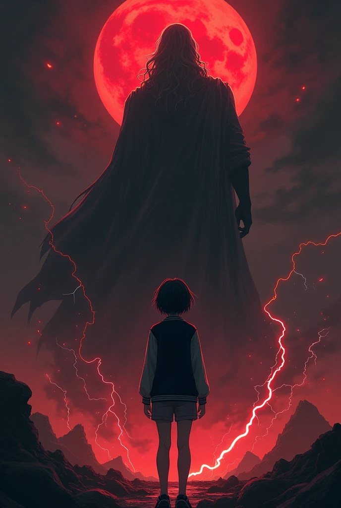 I want a mysterious picture. My book is on an ancient greek civilisation.  Black colour theme. Zeus should be standing behind the girl. She has dark hair and a tomboy. I want a dark zeus standing behind her. Also only her back is visible.  She ll be surrounded by thunder and lightning and also fire. No frocks or dresses. A jeans and shirt. Also dark zeus. Only surrounded by fire and lightning. And no anime. Realistic picture. A dark one. Zeus should not be visible a lot. Like people shouldnt know its zeus. So just a darkenned zeus. I dont want people to know its him. Um why dont we put a cloak on top of him. Make him more darker. A dark version. I dont want him to be white at all.  Darker. I also want bit of blood moon. I want zeus larger. And throwing thunderbolts at the girl. Make zeus extra black. His eyes will bw glowing red. Make the whole background to pitch black. Only light is from fire the blood moon and lightning. Make it look realistic and cool. Not like a kids. Pure adult. No moutains or anything. Complete pitch black. Complete road has to be black. Put some clothes on zeus. The girl has short hair btw. Darker. Dark blood red moon. Cover zeus's face with a cloth. Make the girl short. She s 14 and will wear a varsity jacket. Make it black. Make zeus as a fading background. Totally black colour completely covered by a cloth.