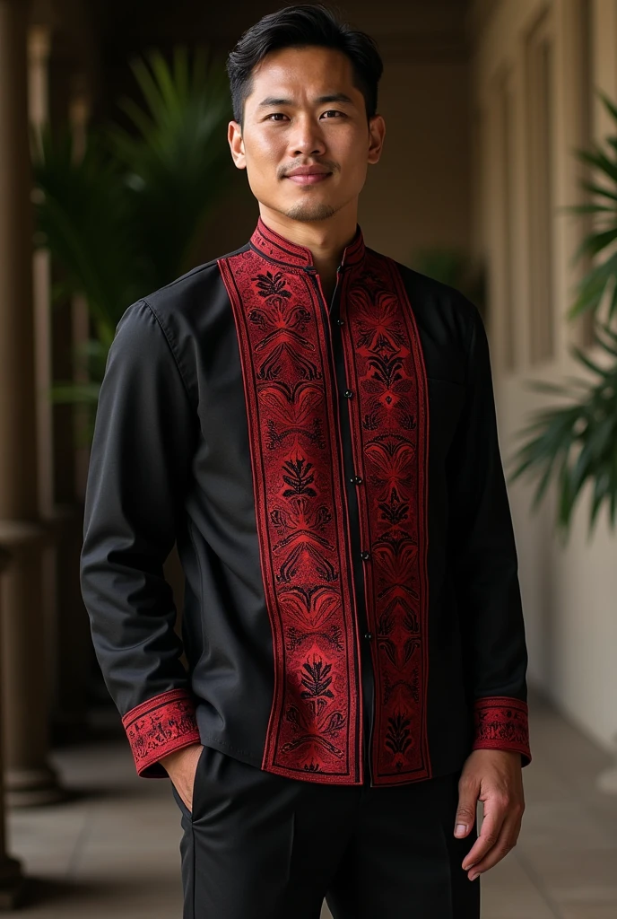 Black barong tagalog long sleeve with red igorot cloth design