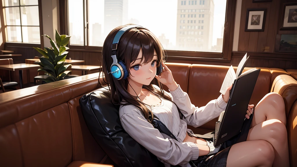 Girl with headphones enjoying music in a cafe I am studying Emphasize a little bit of the chest