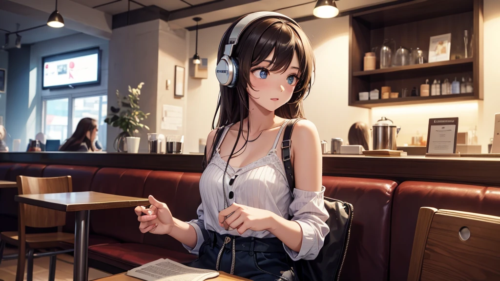 Girl with headphones enjoying music in a cafe I am studying Emphasize a little bit of the chest