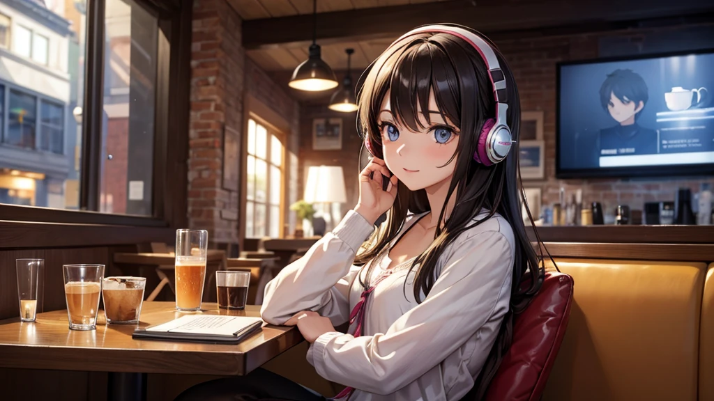Girl with headphones enjoying music in a cafe I am studying Emphasize a little bit of the chest